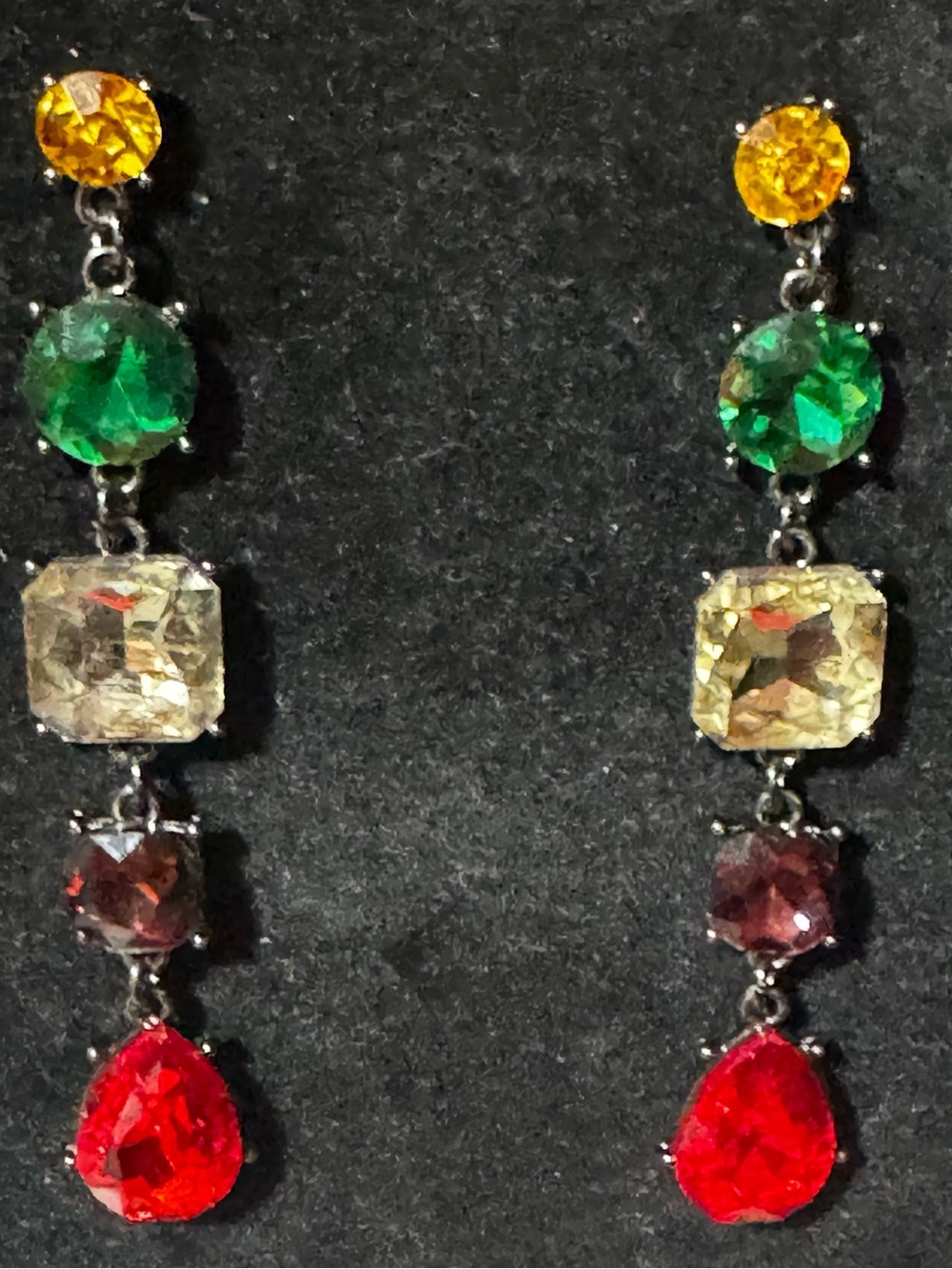 Multicolor Crystal Drop Earrings — Red, Green & Yellow